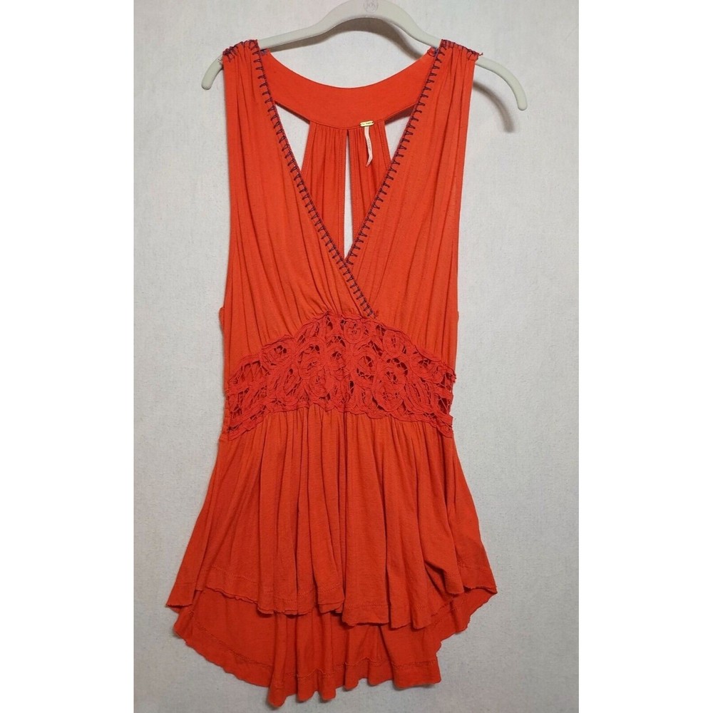 Free People Megan Embroidered Crochet Red Peplum Waist Tunic Sz M Linen Hi Lo